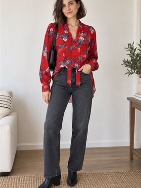French Connection Kioa Red Floral Tie Neck Blouse